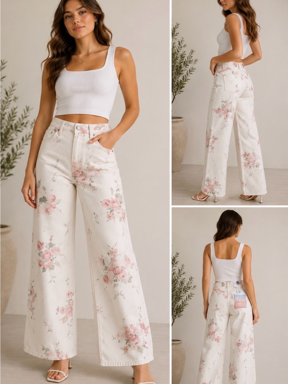 Women's Cream Wide Leg Floral Jeans